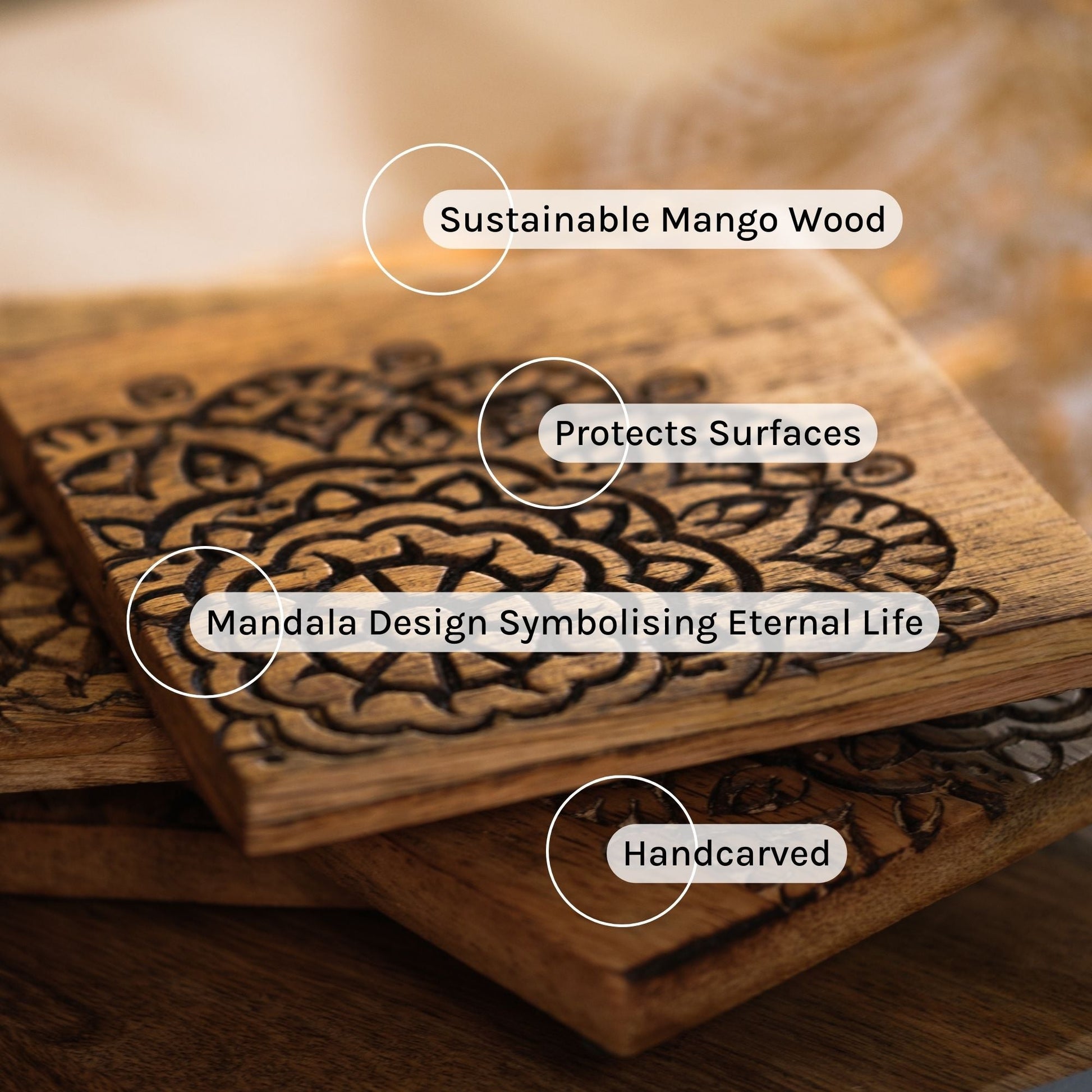 Hand Carved Mandala Coasters set of 4 — handcrafted details and features | ALORAA