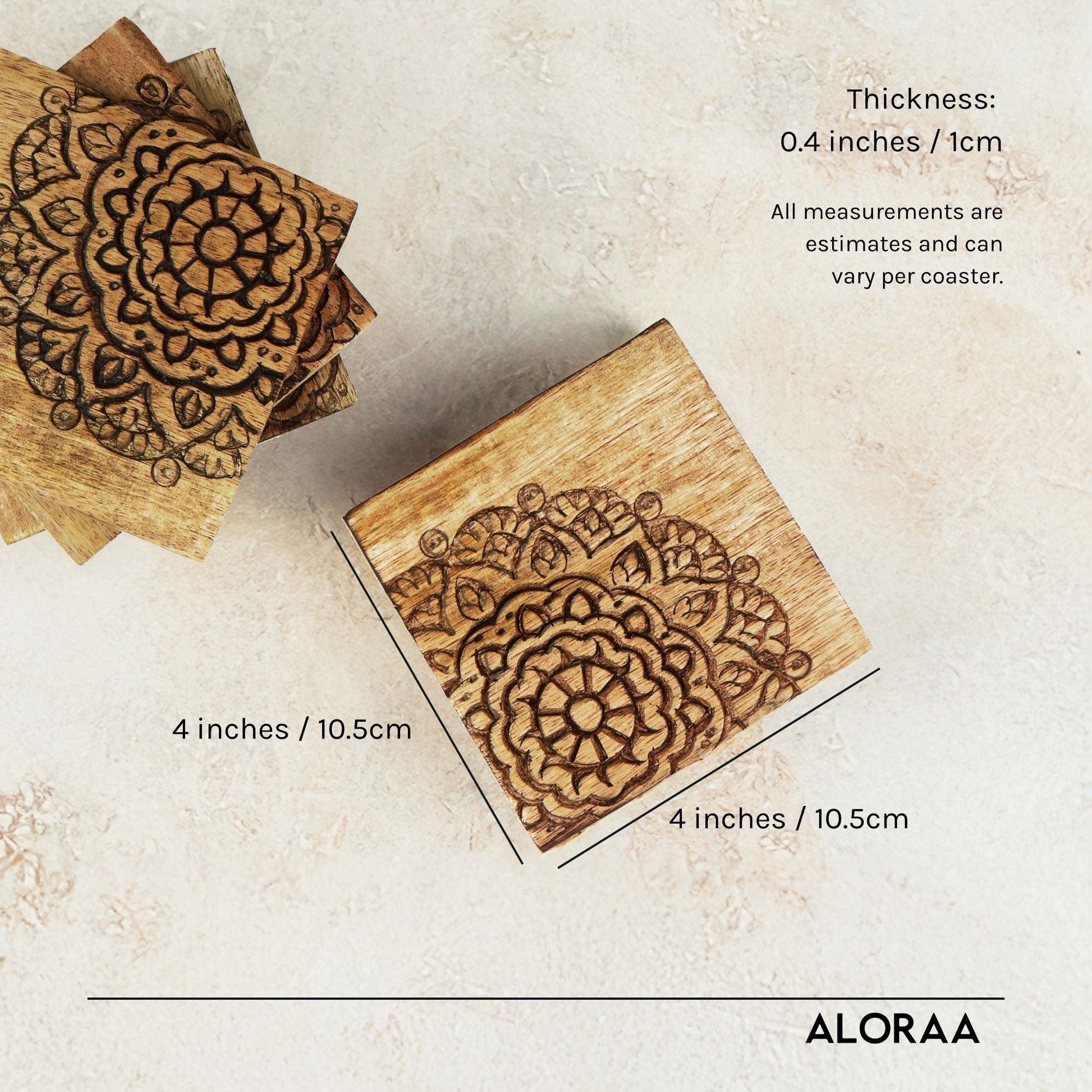Hand Carved Mandala Coasters set of 4 — dimensions and size guide | ALORAA