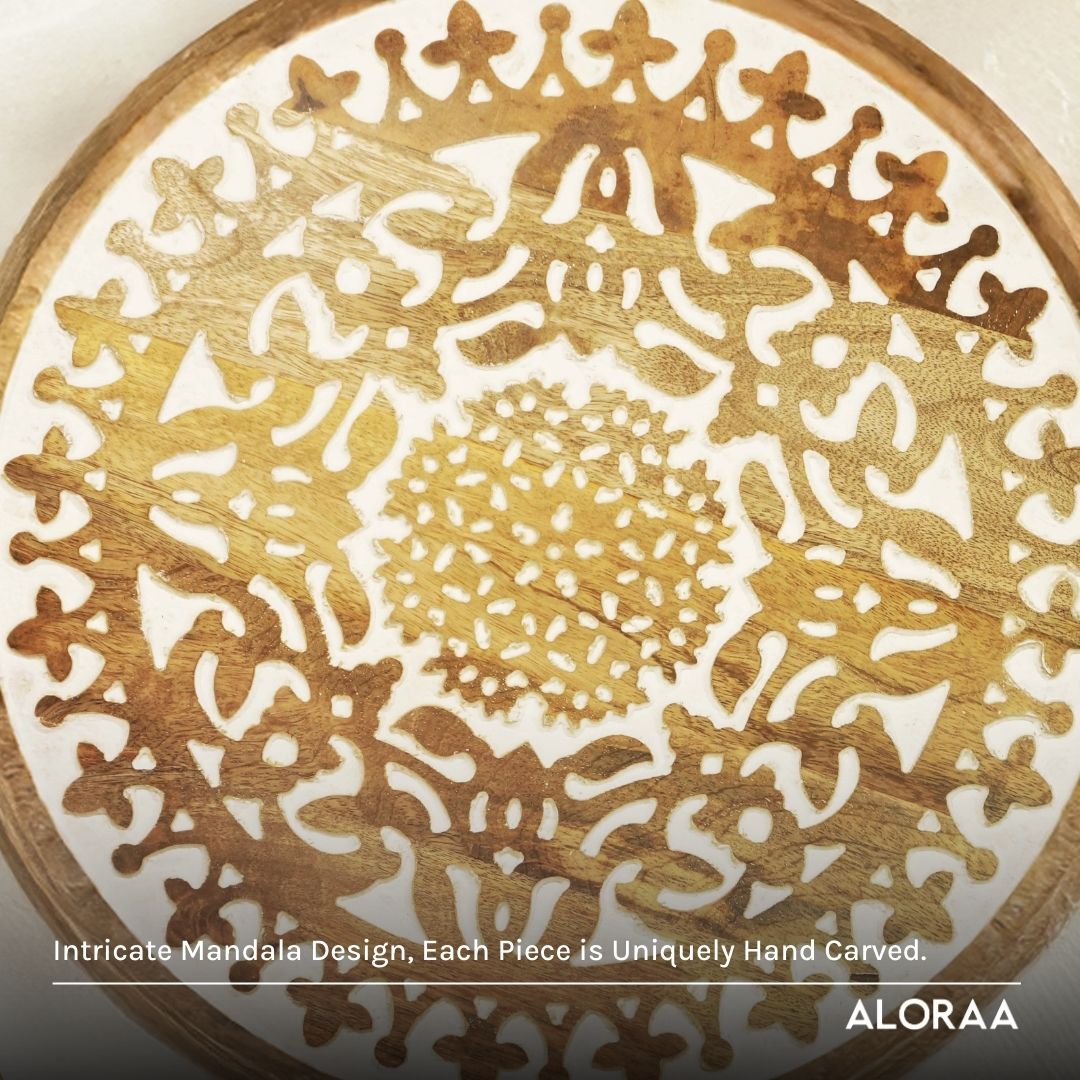 Hand Carved Mandala Lazy Susan — close-up of handcrafted detail | ALORAA