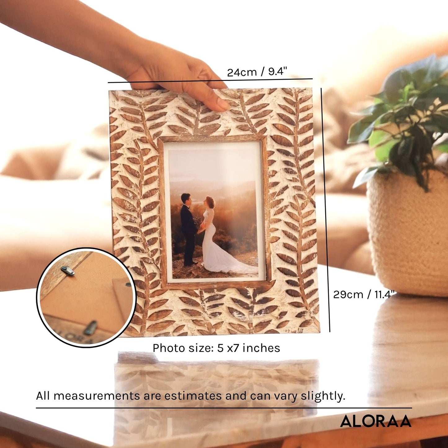 Hand Carved White-Washed Leaf Photo Frame — dimensions and size guide | ALORAA