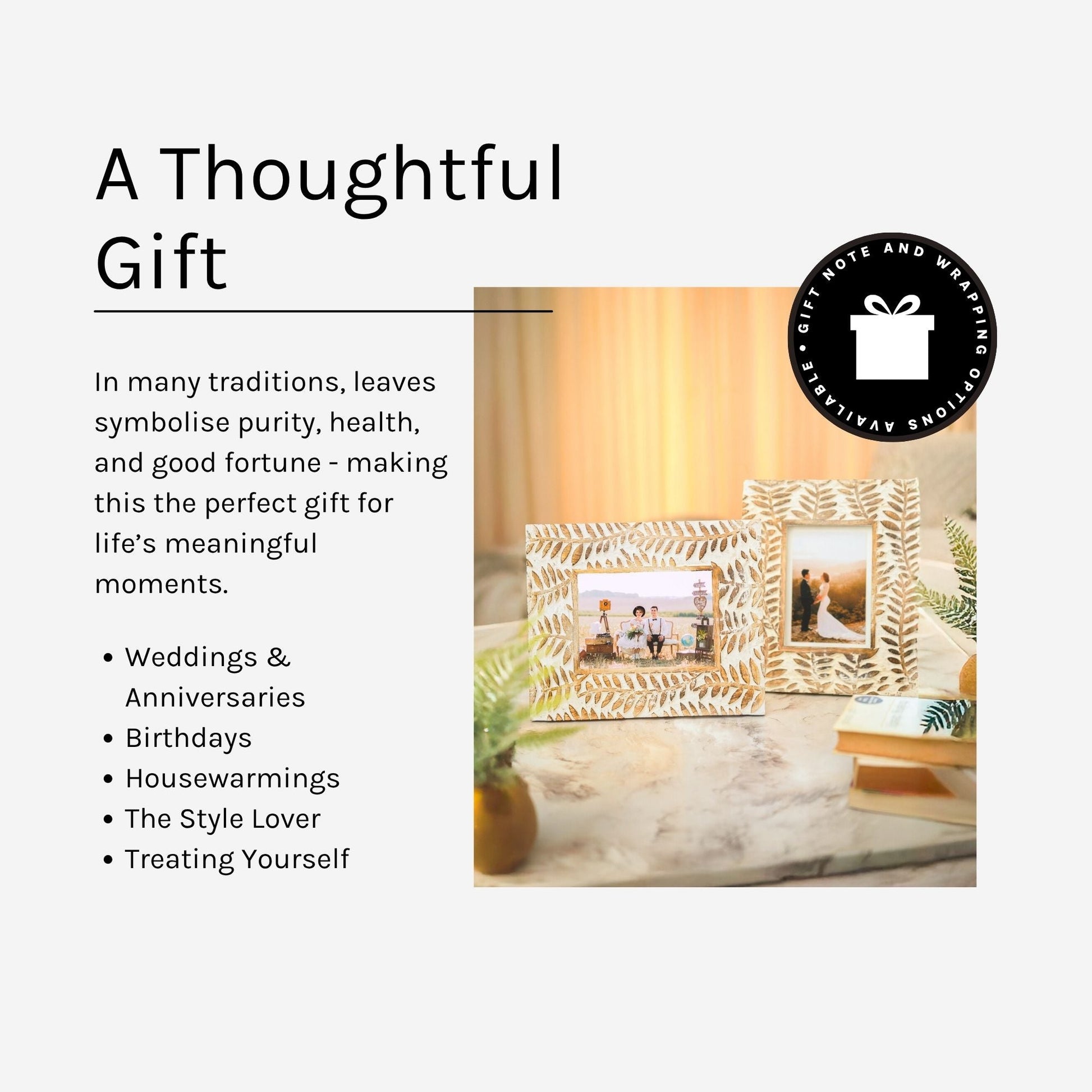 Hand Carved White-Washed Leaf Photo Frame — handcrafted Indian gift | ALORAA