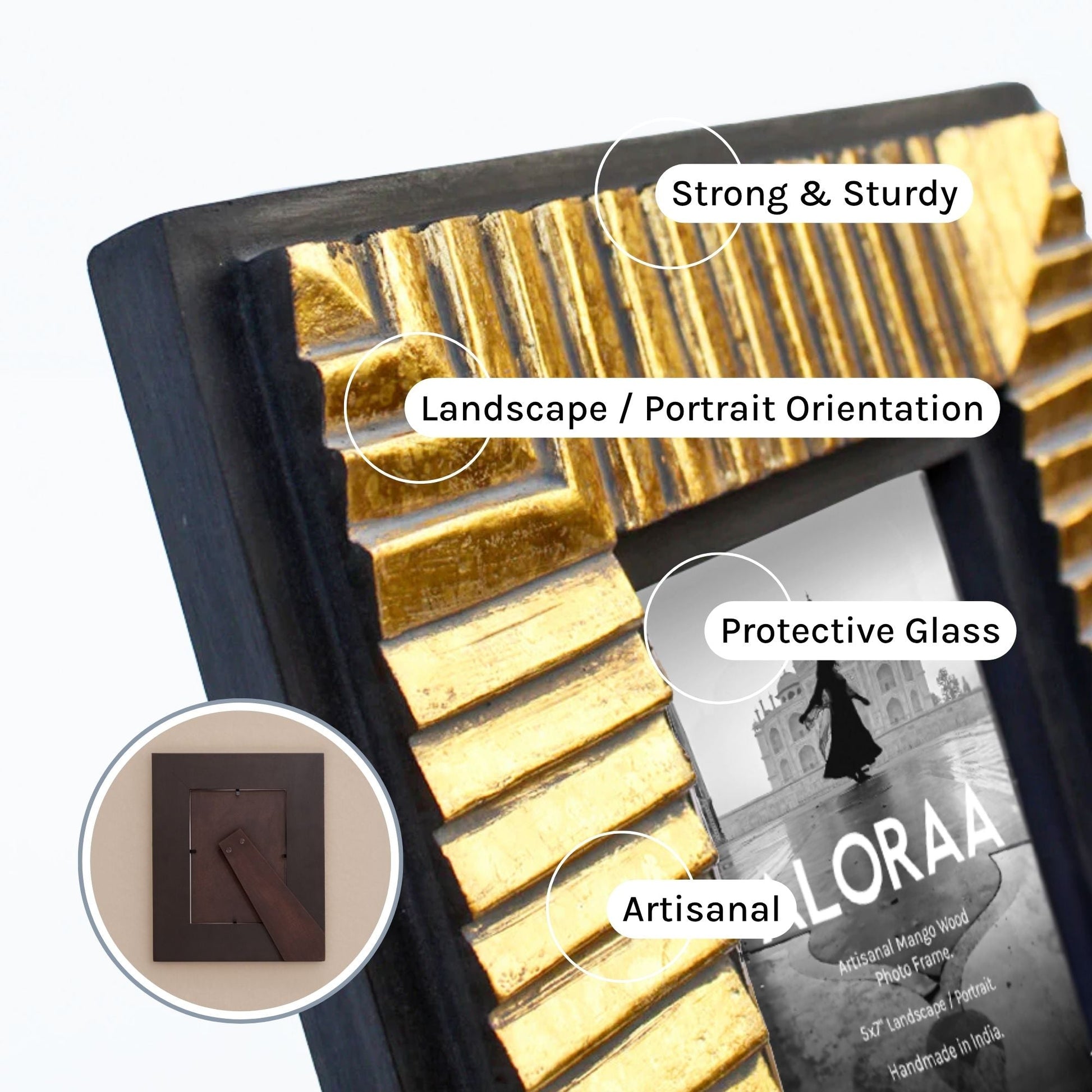 Handcrafted Black & Gold Textured Photo Frame — close-up of handcrafted detail | ALORAA