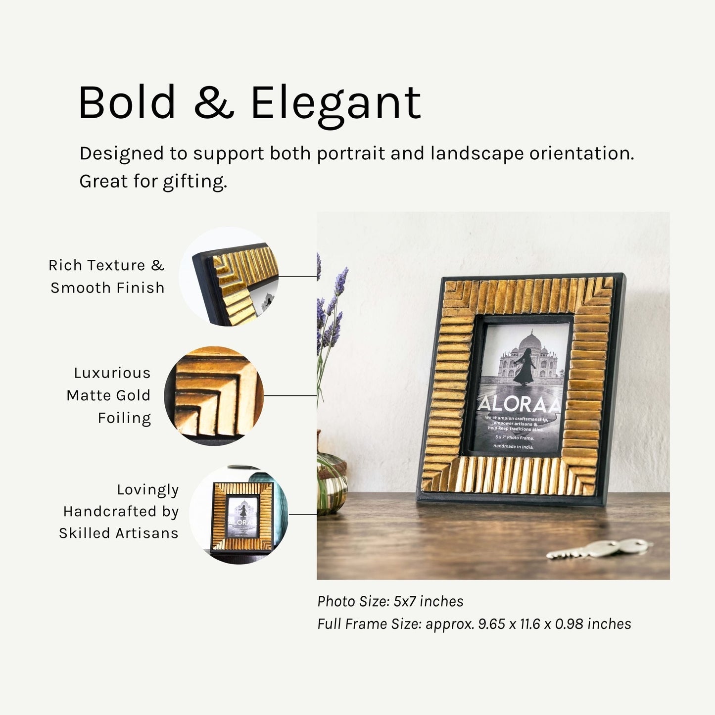 Handcrafted Black & Gold Textured Photo Frame — handcrafted details and features | ALORAA