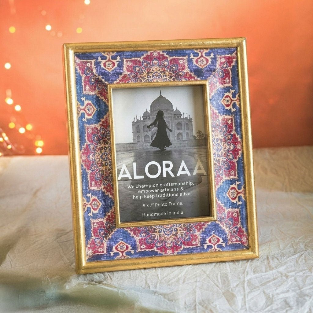 Persian-inspired photo frame in blue and red decorative pattern with rustic gold border - handcrafted in India | ALORAA
