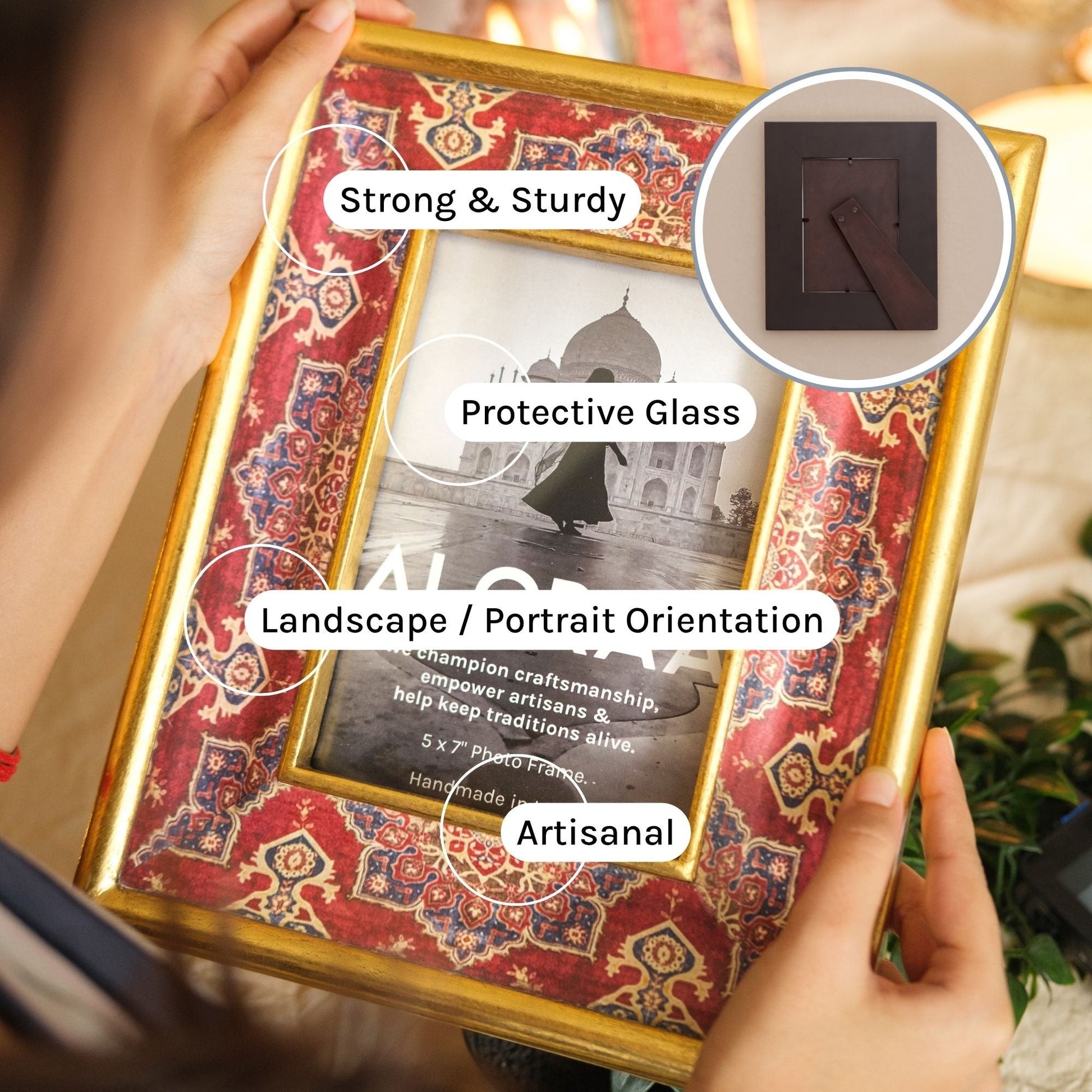 Handcrafted Persian-inspired Photo Frame with Rustic Gold Finish — handcrafted details and features | ALORAA