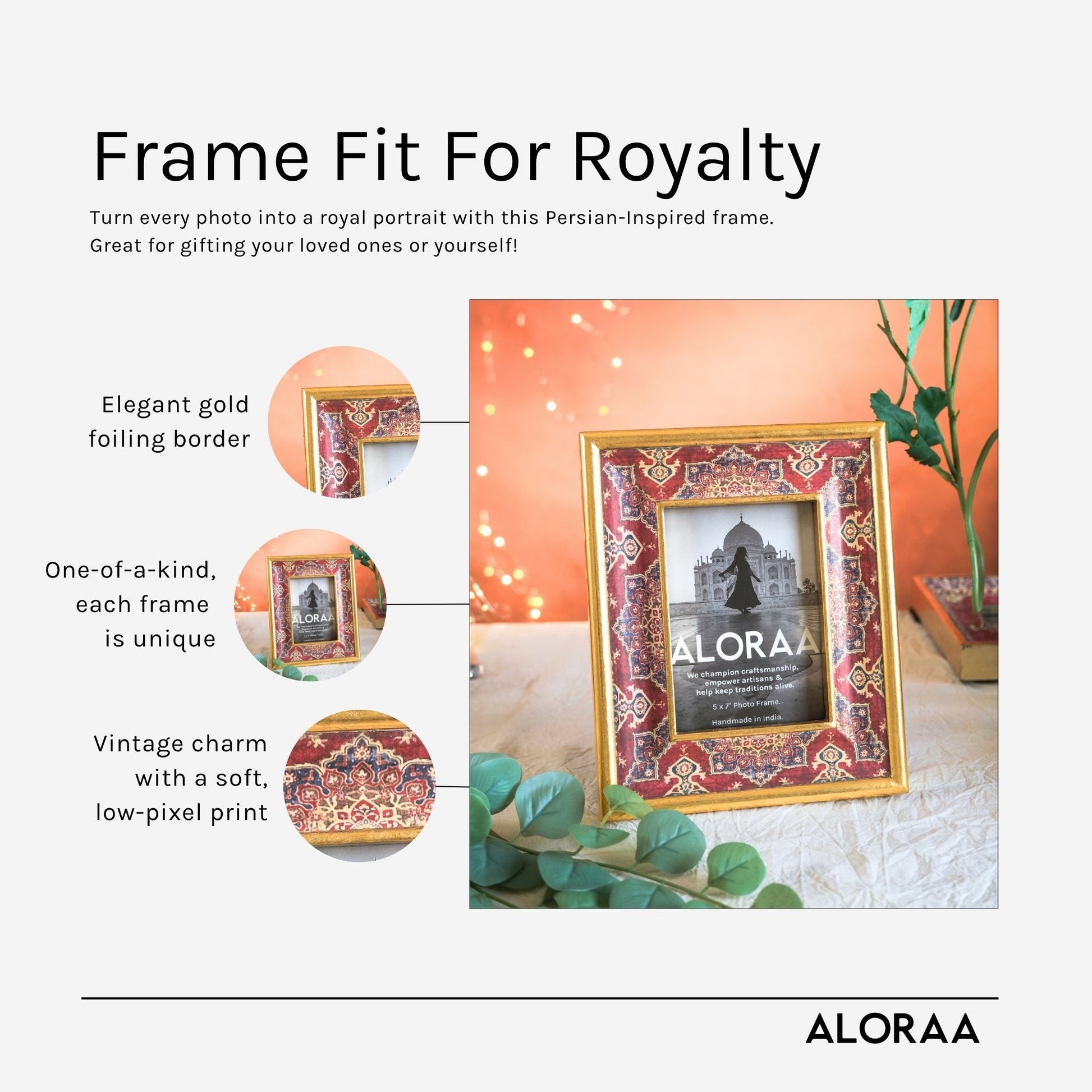 Handcrafted Persian-inspired Photo Frame with Rustic Gold Finish — handcrafted details and features | ALORAA