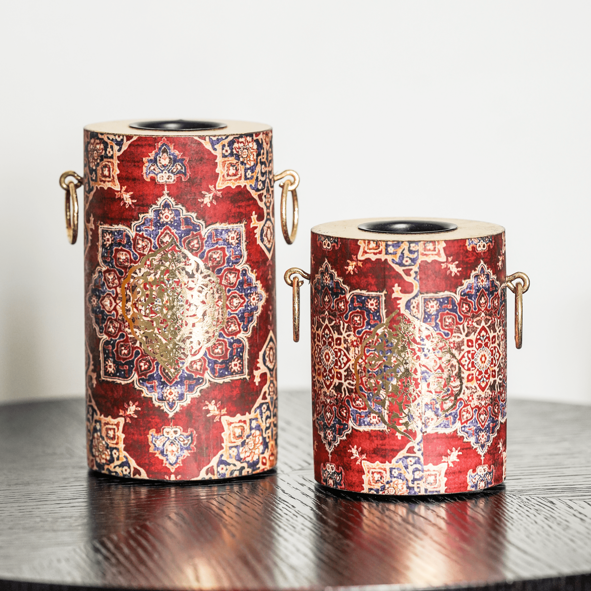Persian-inspired Tealight Candle Holders in red, set of 2, handcrafted rustic gold finish | ALORAA