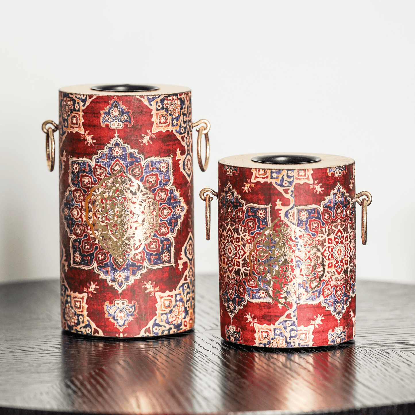 Persian-inspired Tealight Candle Holders in red, set of 2, handcrafted rustic gold finish | ALORAA