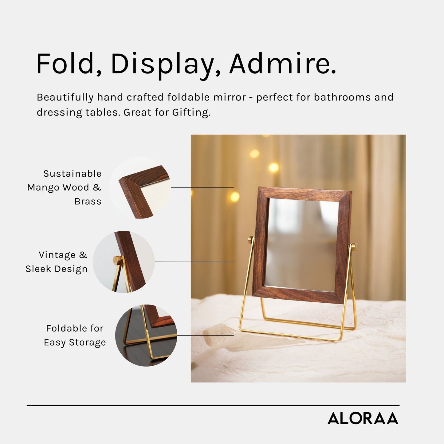 Handmade Foldable Countertop Mirror — close-up of handcrafted detail | ALORAA