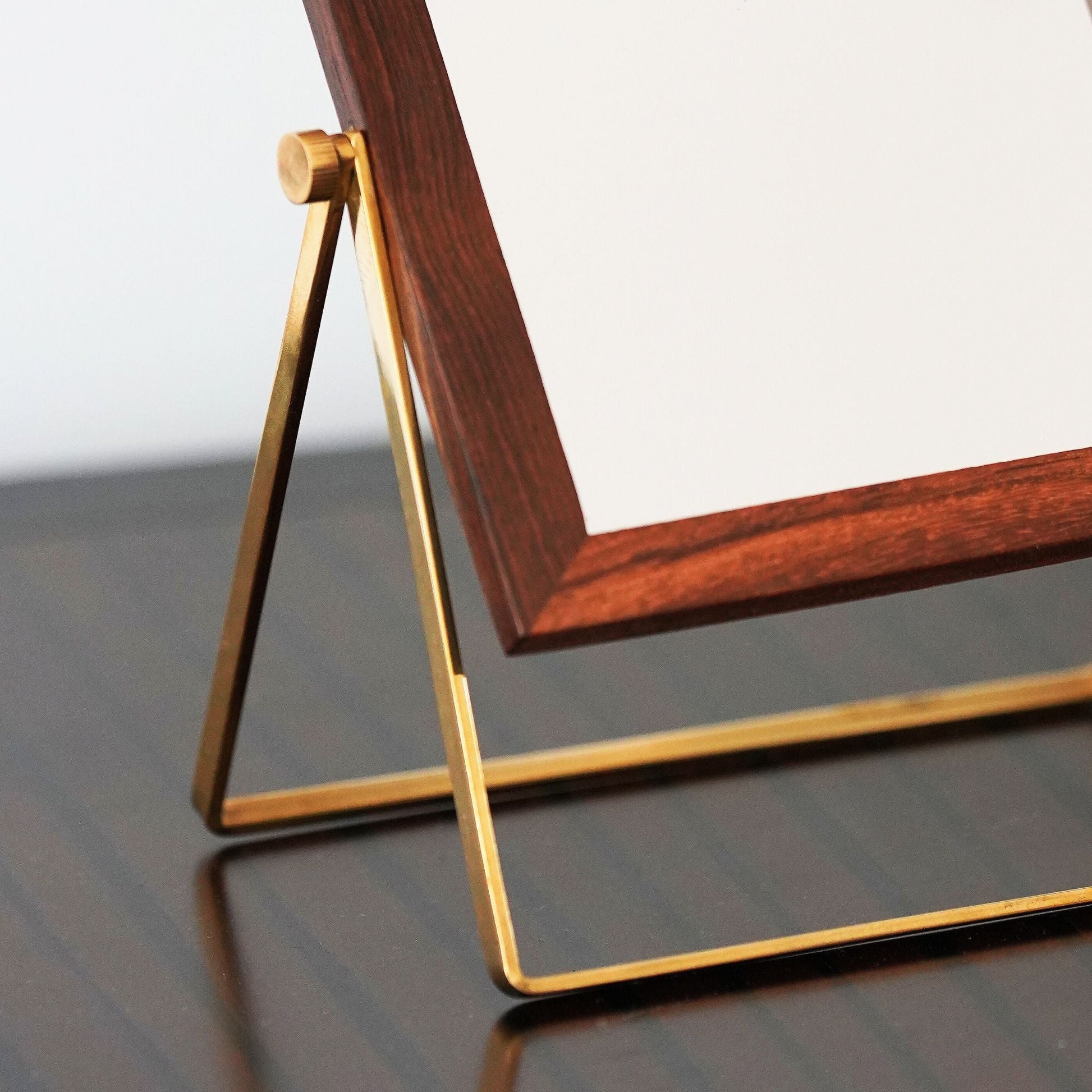 Handmade Foldable Countertop Mirror — close-up of solid mango wood and brass detail | ALORAA