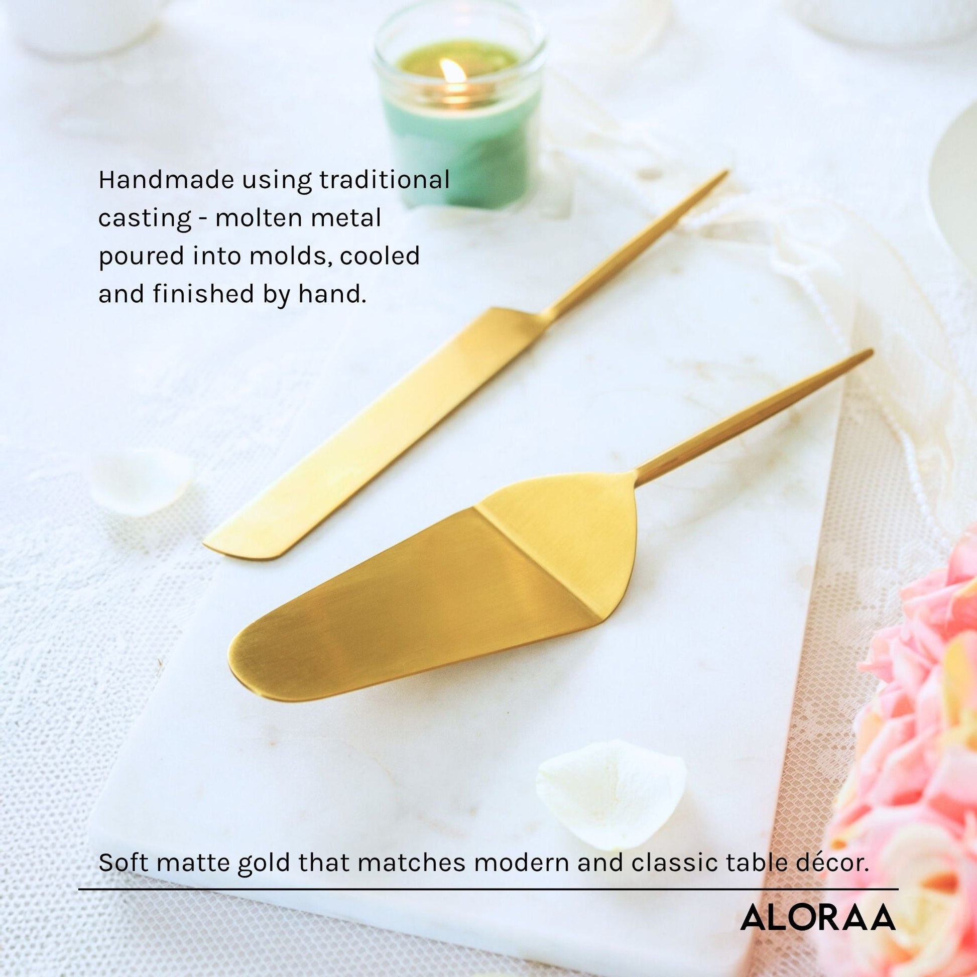 Handmade Gold Finished Cake Servers Set of 2 — close-up of handcrafted detail | ALORAA