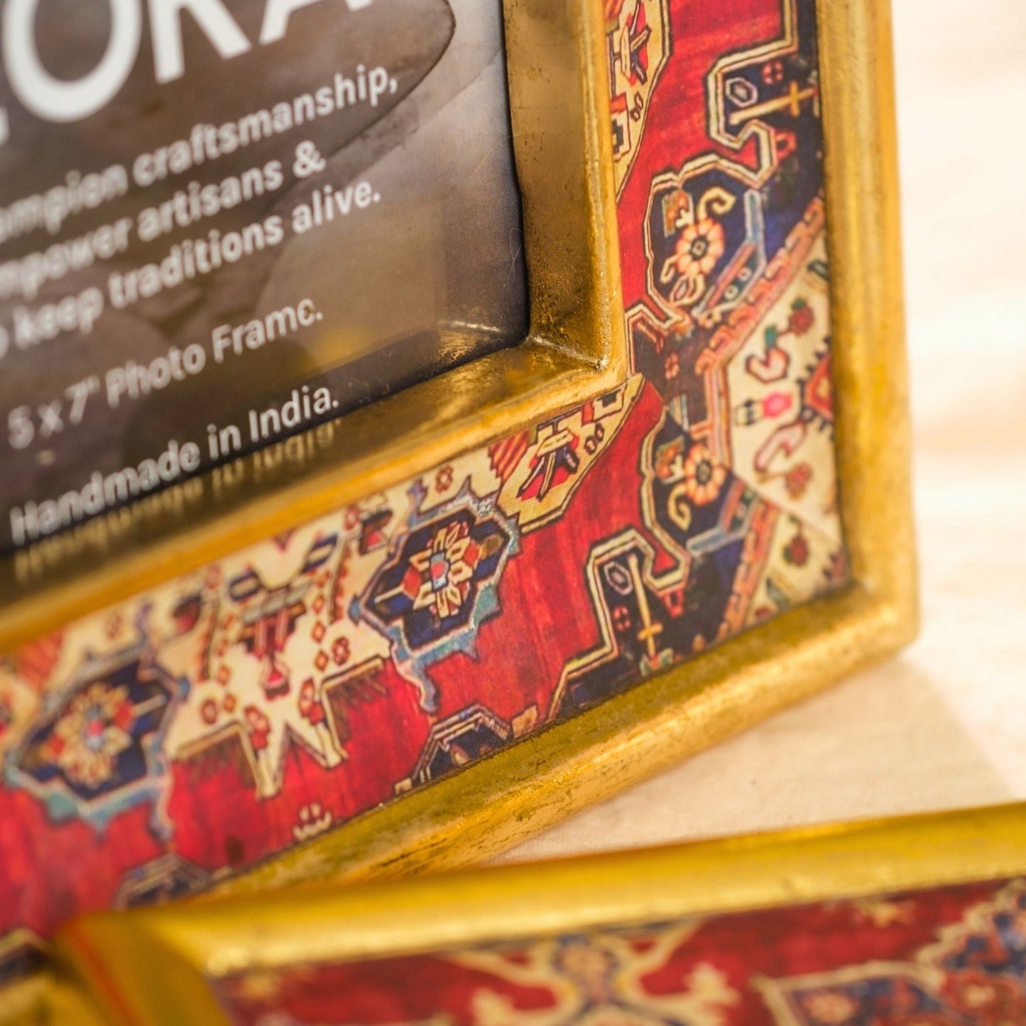 Multi-coloured Handcrafted Persian-inspired Photo Frame with Rustic Gold Finish