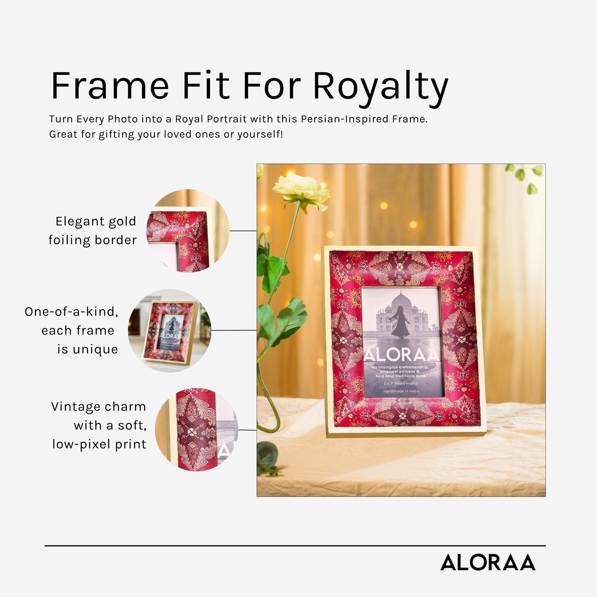 Red & Bold Handcrafted Persian-inspired Photo Frame — handcrafted details and features | ALORAA