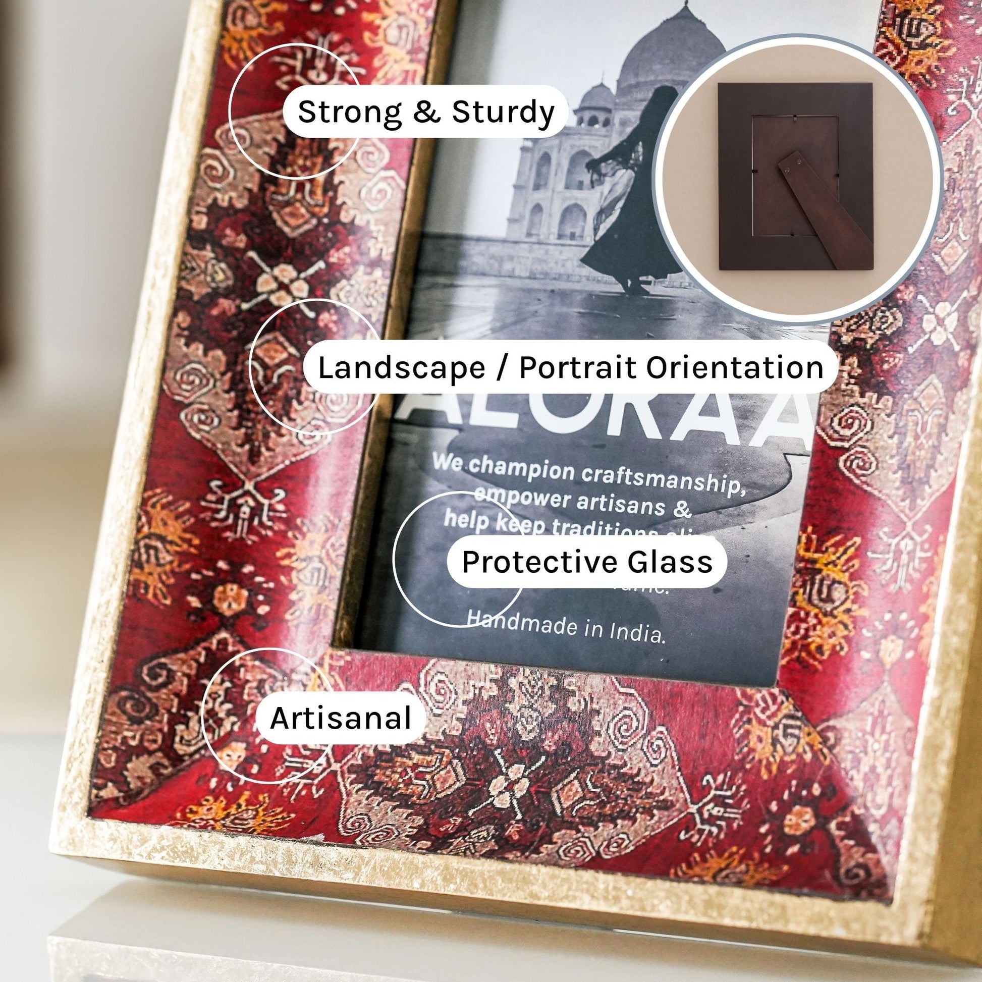 Red & Bold Handcrafted Persian-inspired Photo Frame — close-up of handcrafted detail | ALORAA