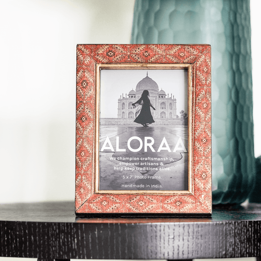 Red Handcrafted Geometric Persian-inspired Photo Frame in red | ALORAA handcrafted Indian gift