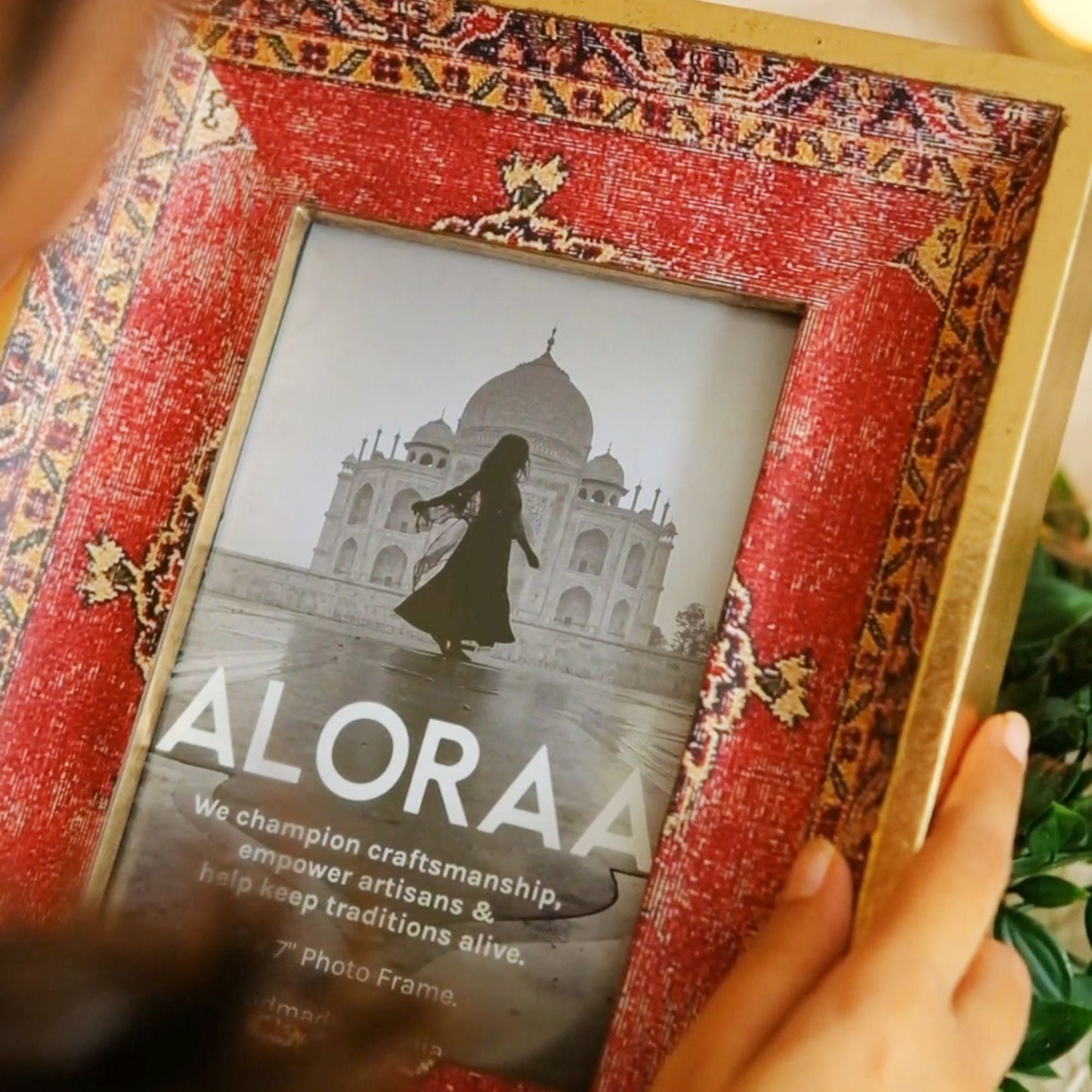 Red Handcrafted Persian-inspired Photo Frame with Rustic Gold Finish