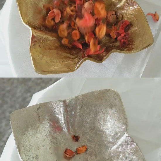 ALORAA's Matte Gold and Silver decorative bowl has various usage including for your potpourri, display candles, key holder. Includes close ups showing the handmade texture and shape of the bowl