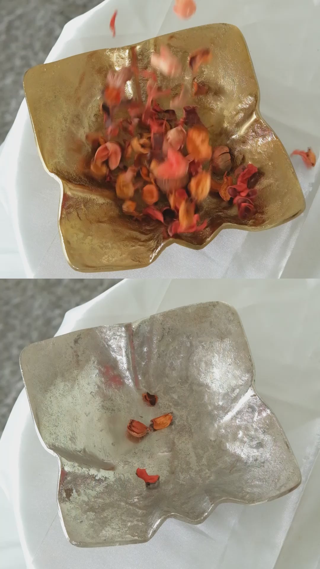 ALORAA's Matte Gold and Silver decorative bowl has various usage including for your potpourri, display candles, key holder. Includes close ups showing the handmade texture and shape of the bowl