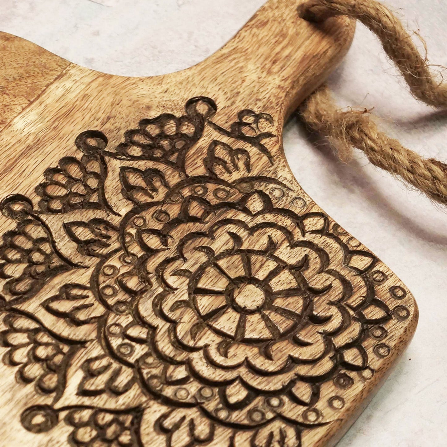 Hand Carved Mandala Chopping Board — close-up of handcrafted detail | ALORAA