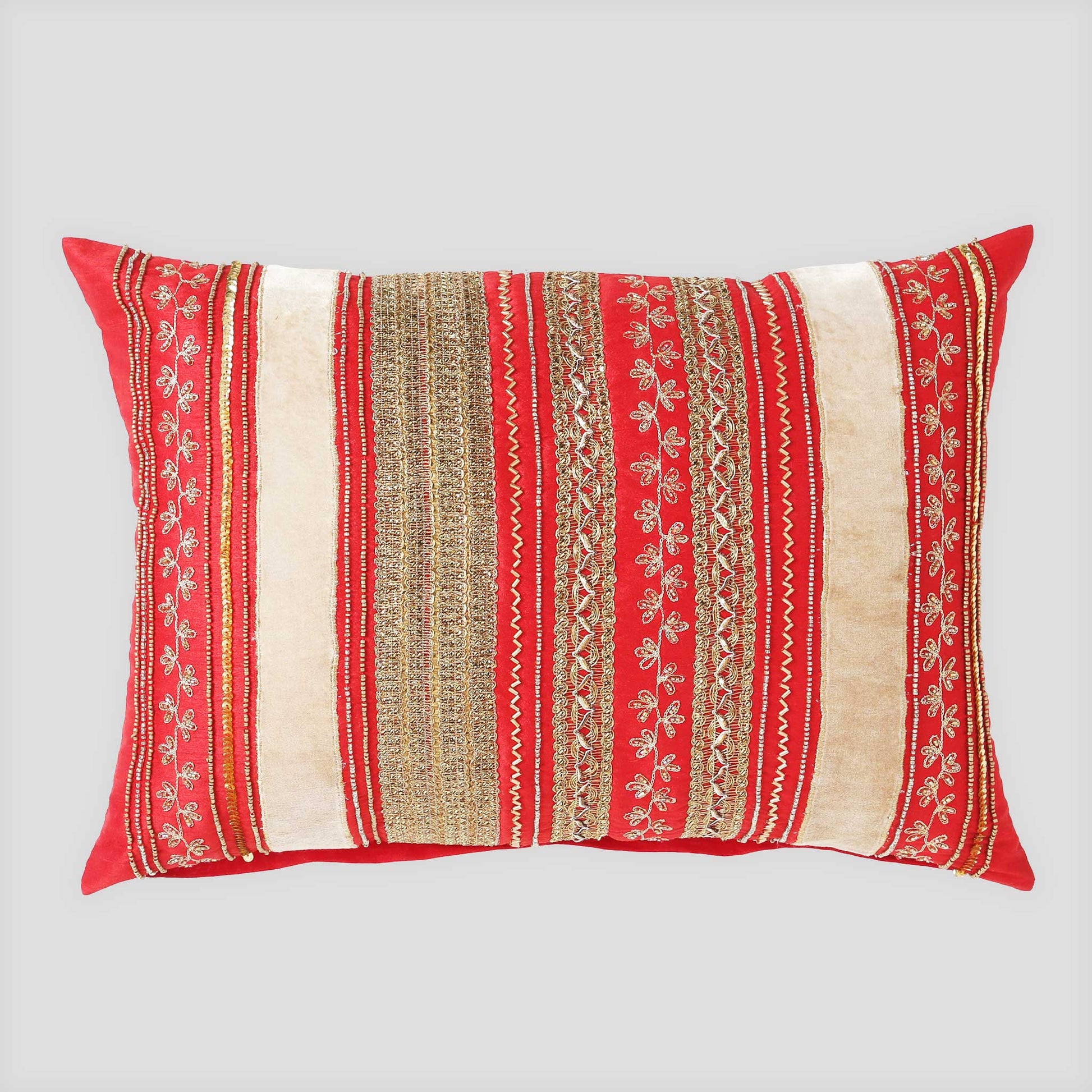 Red Embroidered Cushion Cover — close-up of handcrafted embroidery detail | ALORAA